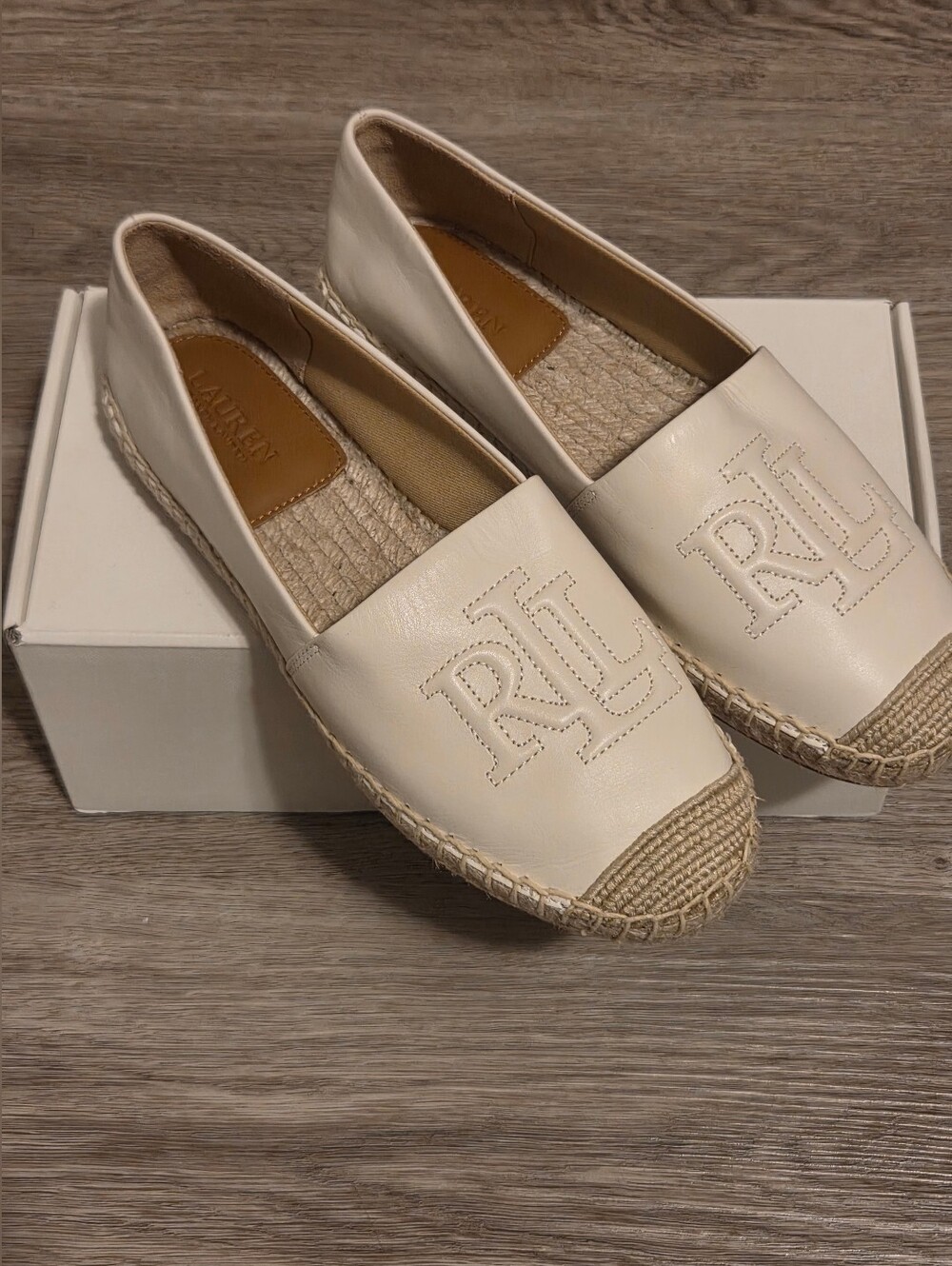 Lauren Ralph Lauren Cream Leather Espadrille Moccasins with RL Monogram